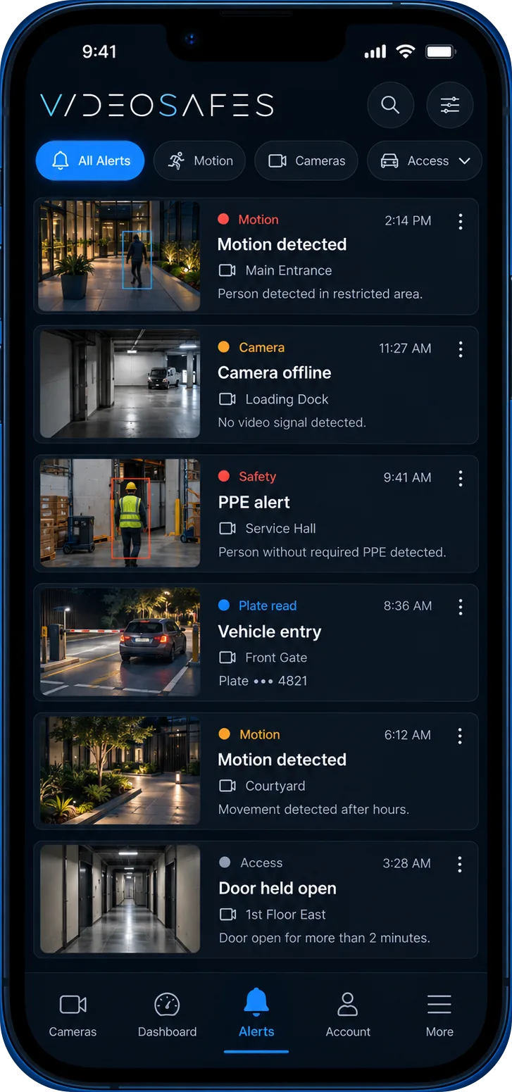 VideoSafes phone app listing recent alerts
