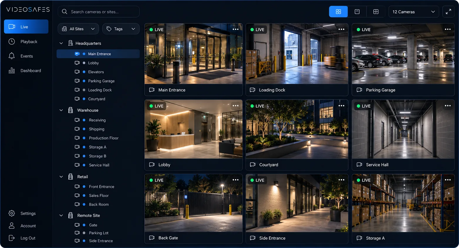 VideoSafes showing live cameras from several properties in one view