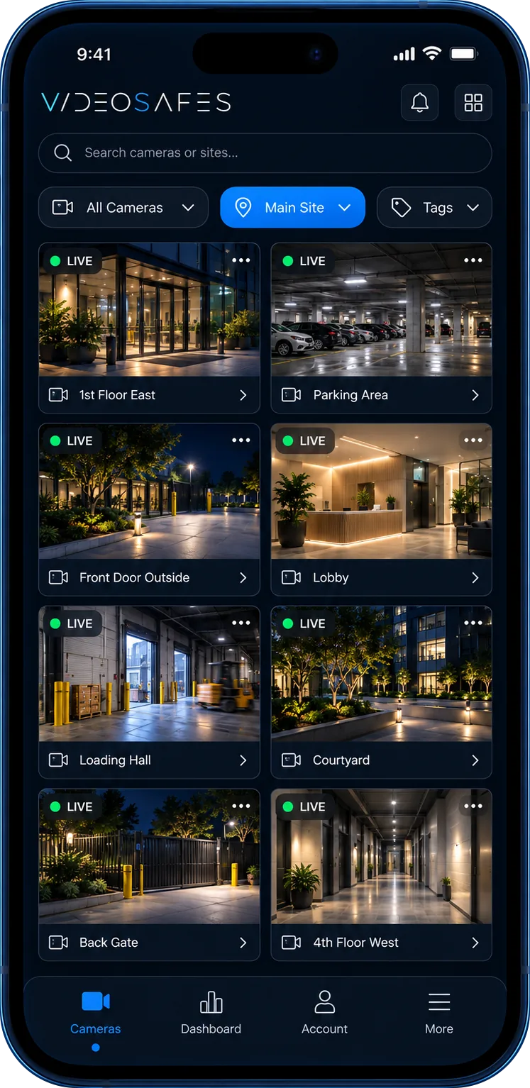 VideoSafes phone app showing live cameras for one site