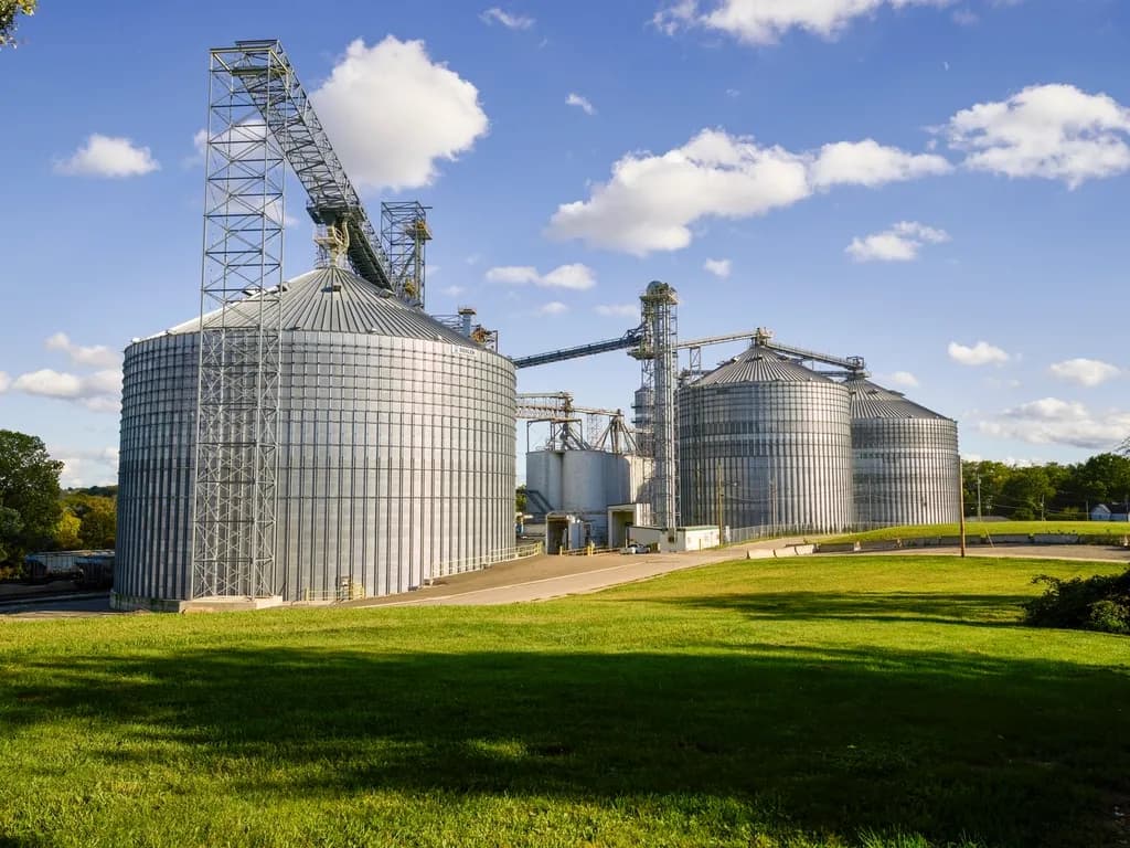Grain silos and storage bins on a farm