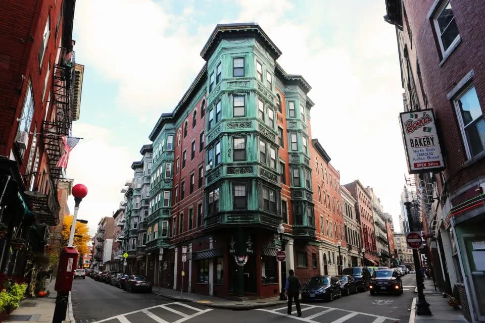 City street corner with multiple buildings