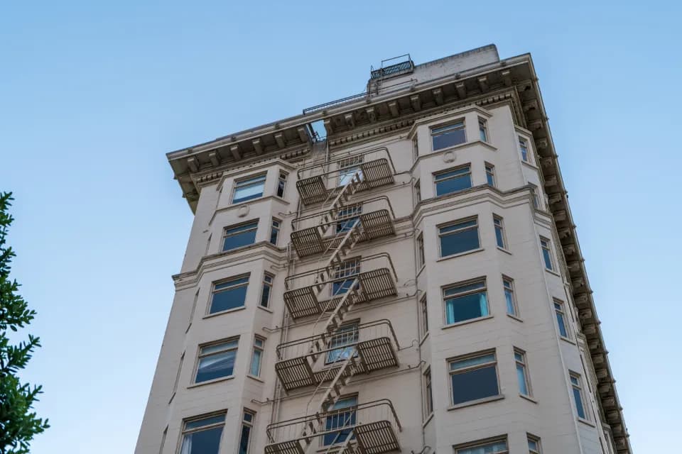 Residential tower with fire escapes