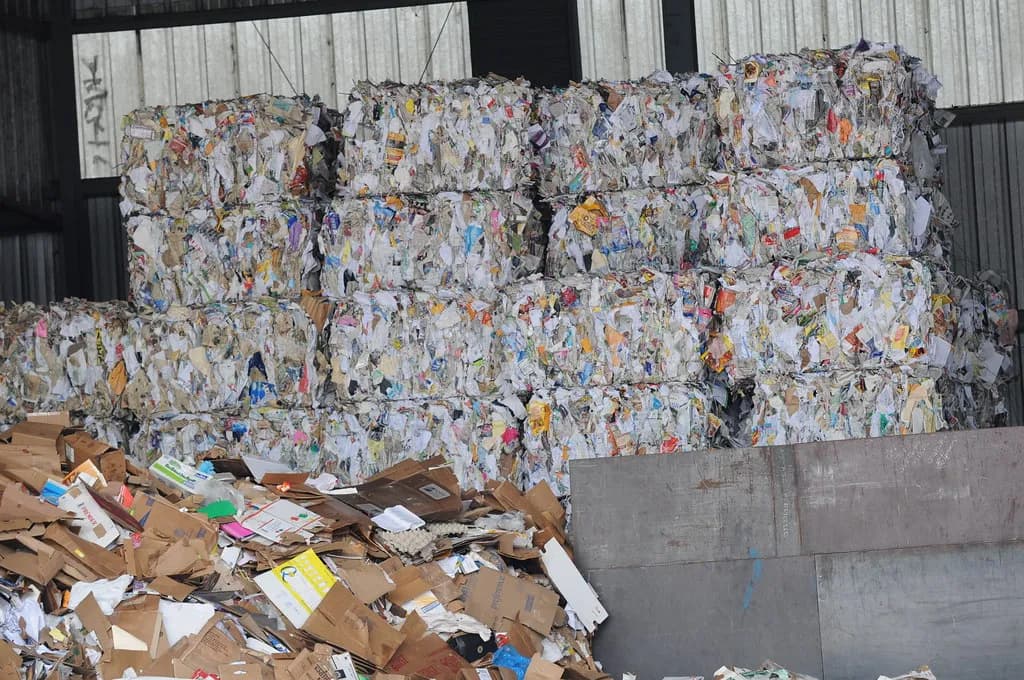 Baled paper and cardboard at a recycling center