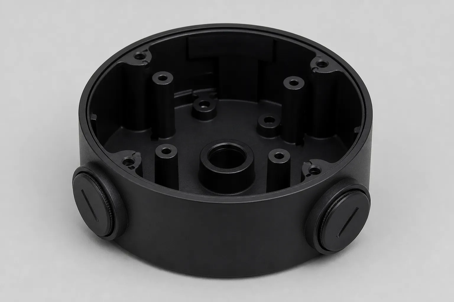 White-labeled camera back junction box for clean mounting