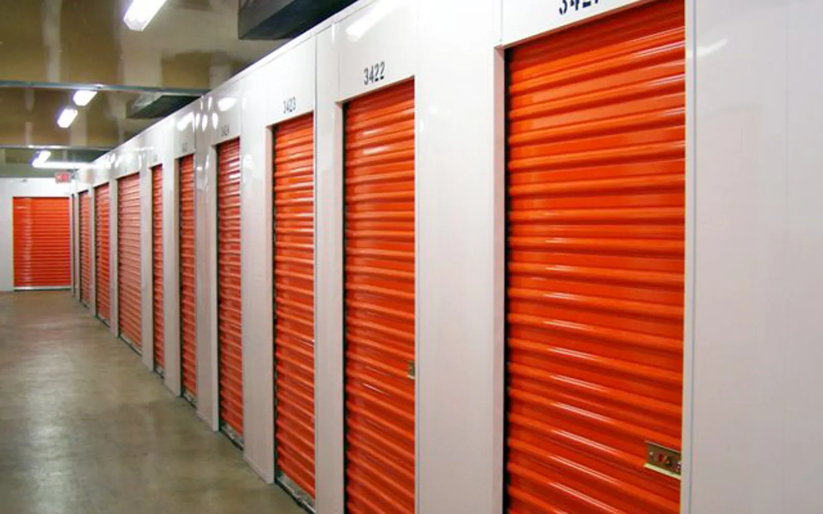 Interior self-storage corridor with unit doors