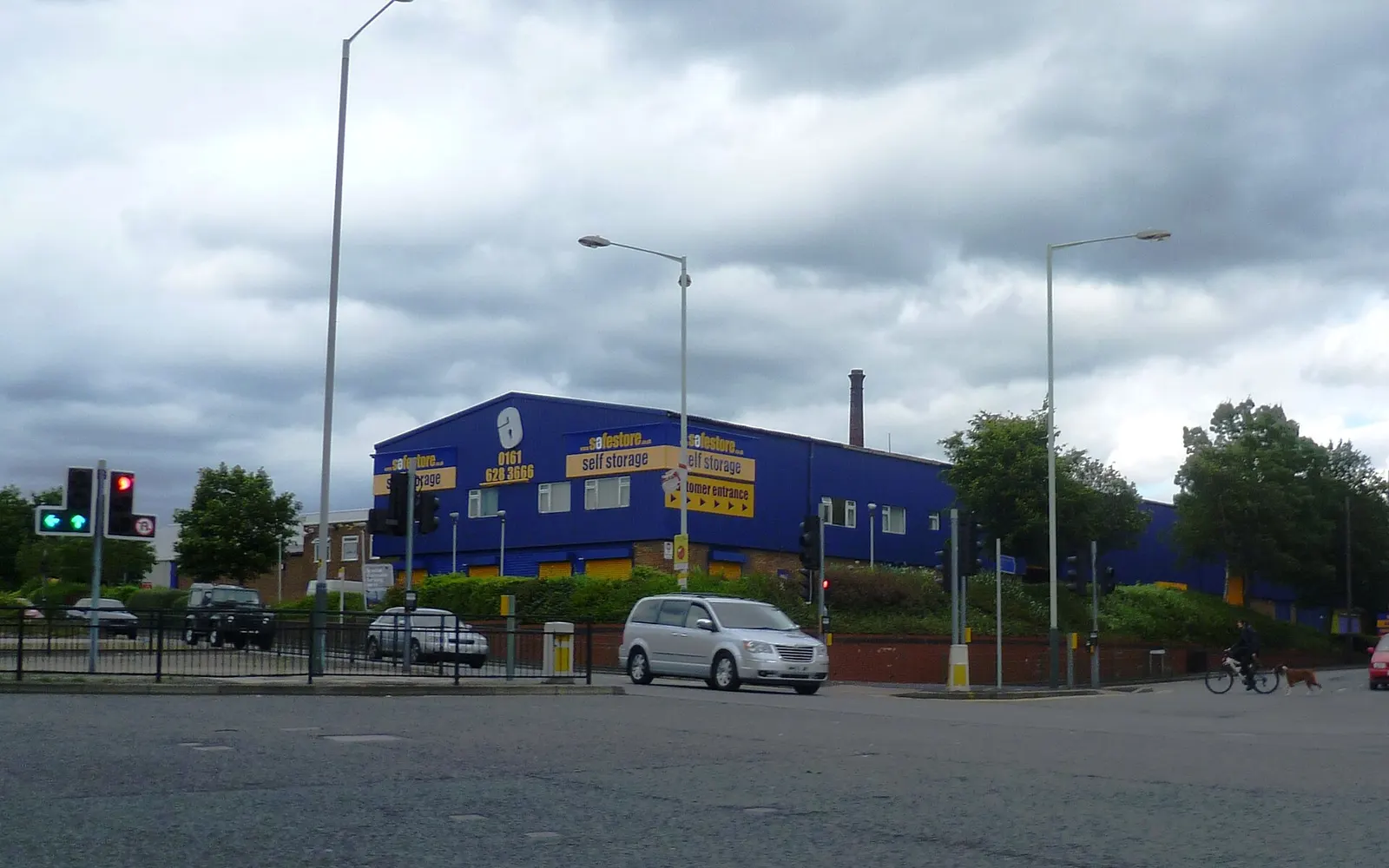 Self-storage facility exterior near access drive