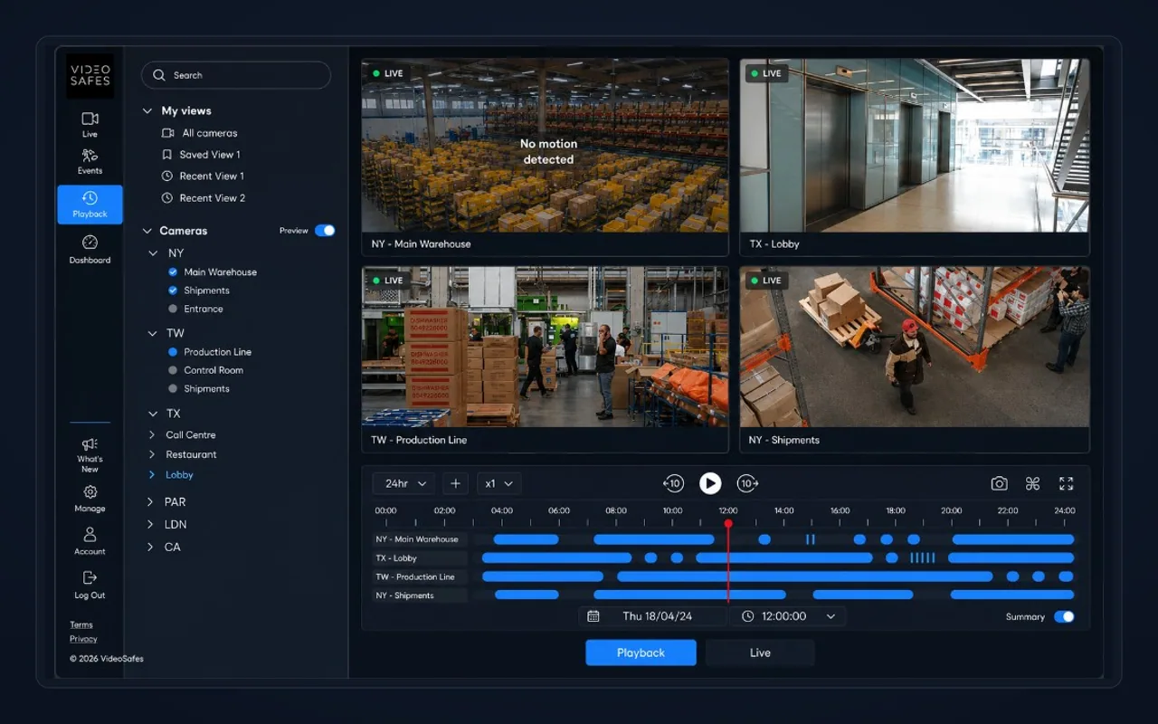 VideoSafes multi-camera live and playback interface